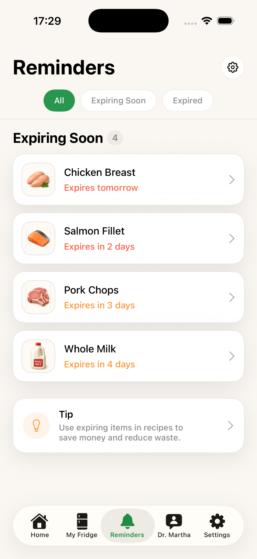 Reminders screen
